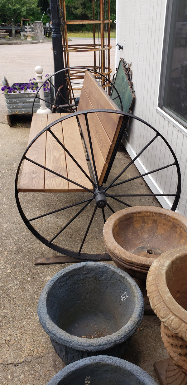Custom Made Exterior Cambria Ash Bench with Iron Wagon Wheel Sides & Steel Frame #GA9184
