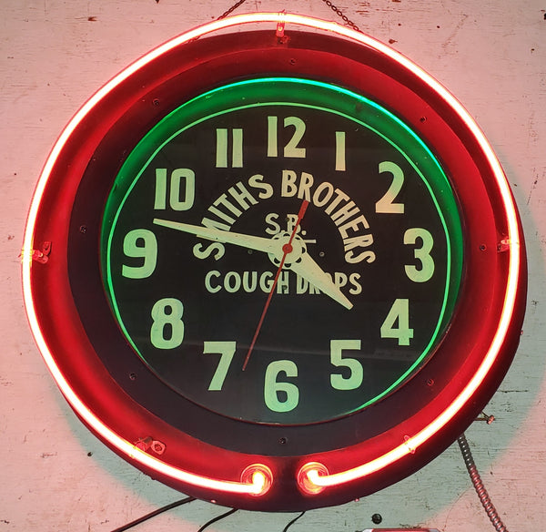 Red & Green Double Neon Advertising Clock for Smith Bros with Hand Painted Face #GA9186