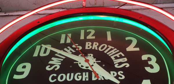 Red & Green Double Neon Advertising Clock for Smith Bros with Hand Painted Face #GA9186