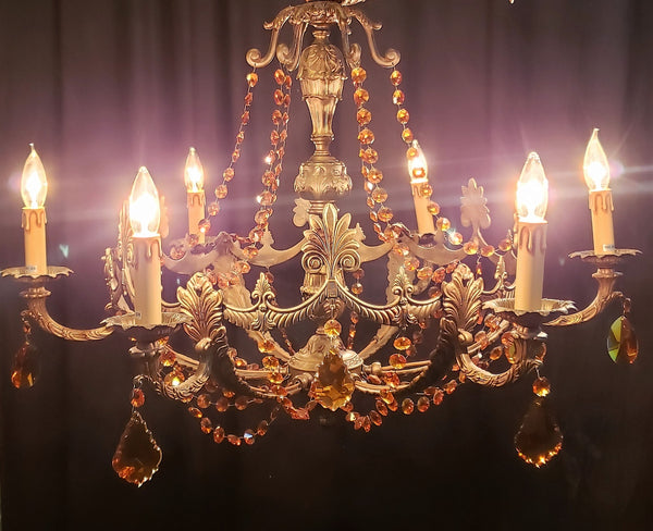 Ornate Six Light Brass Chandelier with Faceted Crystal Amber Prisms #GA9193