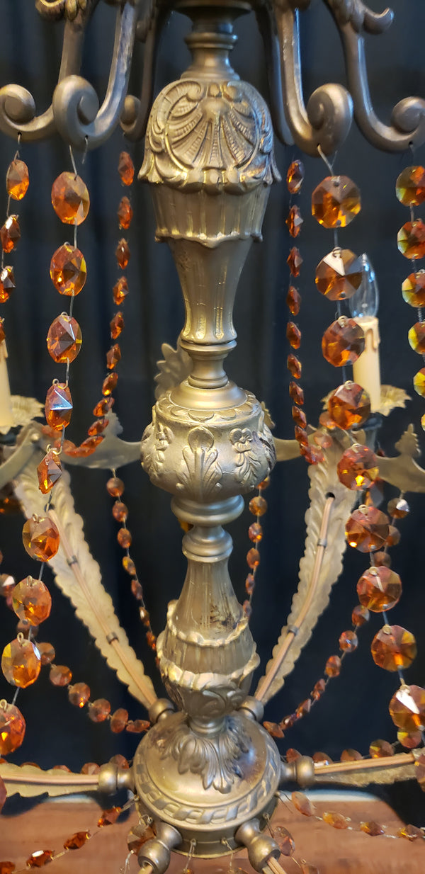 Ornate Six Light Brass Chandelier with Faceted Crystal Amber Prisms #GA9193