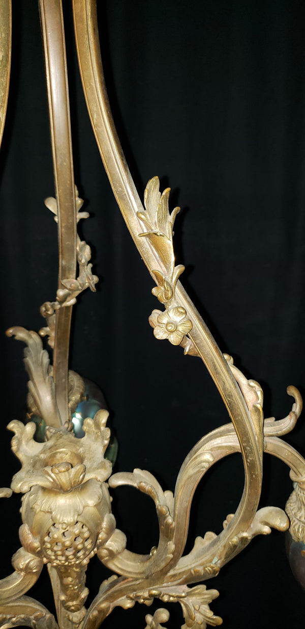 Ornate Art Nouveau Three Light Chandelier with Hand Blown Shades #GA9199