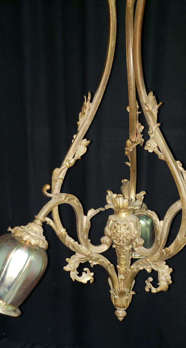 Ornate Art Nouveau Three Light Chandelier with Hand Blown Shades #GA9199