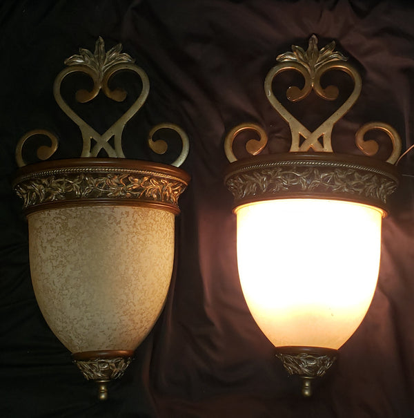 Pair of Tuscan Inspired Wall Sconces with Faux Wood & Iron #GA9203