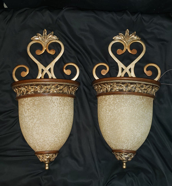 Pair of Tuscan Inspired Wall Sconces with Faux Wood & Iron #GA9203