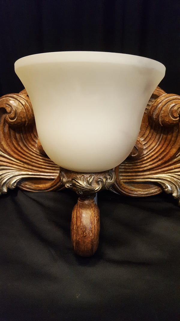 Ornate 3 Light Tuscan Inspired Wall Sconce with Faux Wood & Old Word Shades #GA9303