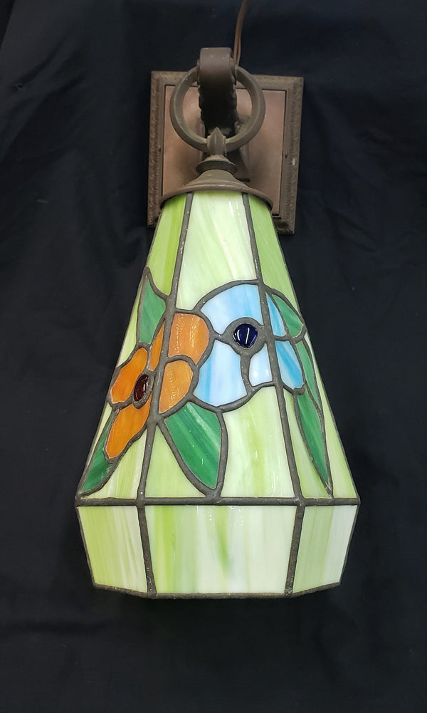 Antique Multicolored Slag Glass Sconce with Ornate Bronze Fitter GA-M018
