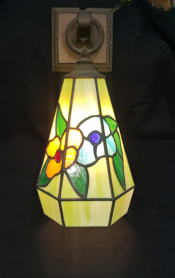 Antique Multicolored Slag Glass Sconce with Ornate Bronze Fitter GA-M018