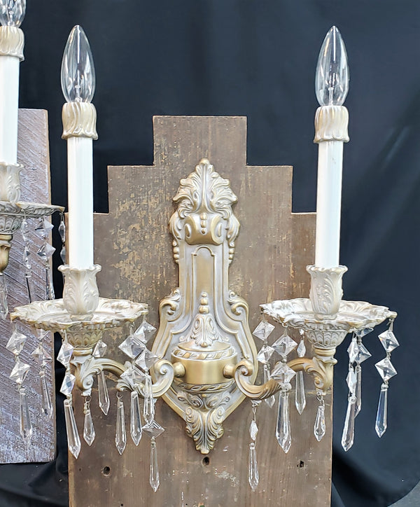 Pair of French Inspired Two Light Sconces with Faceted Crystal Prisms GA9373