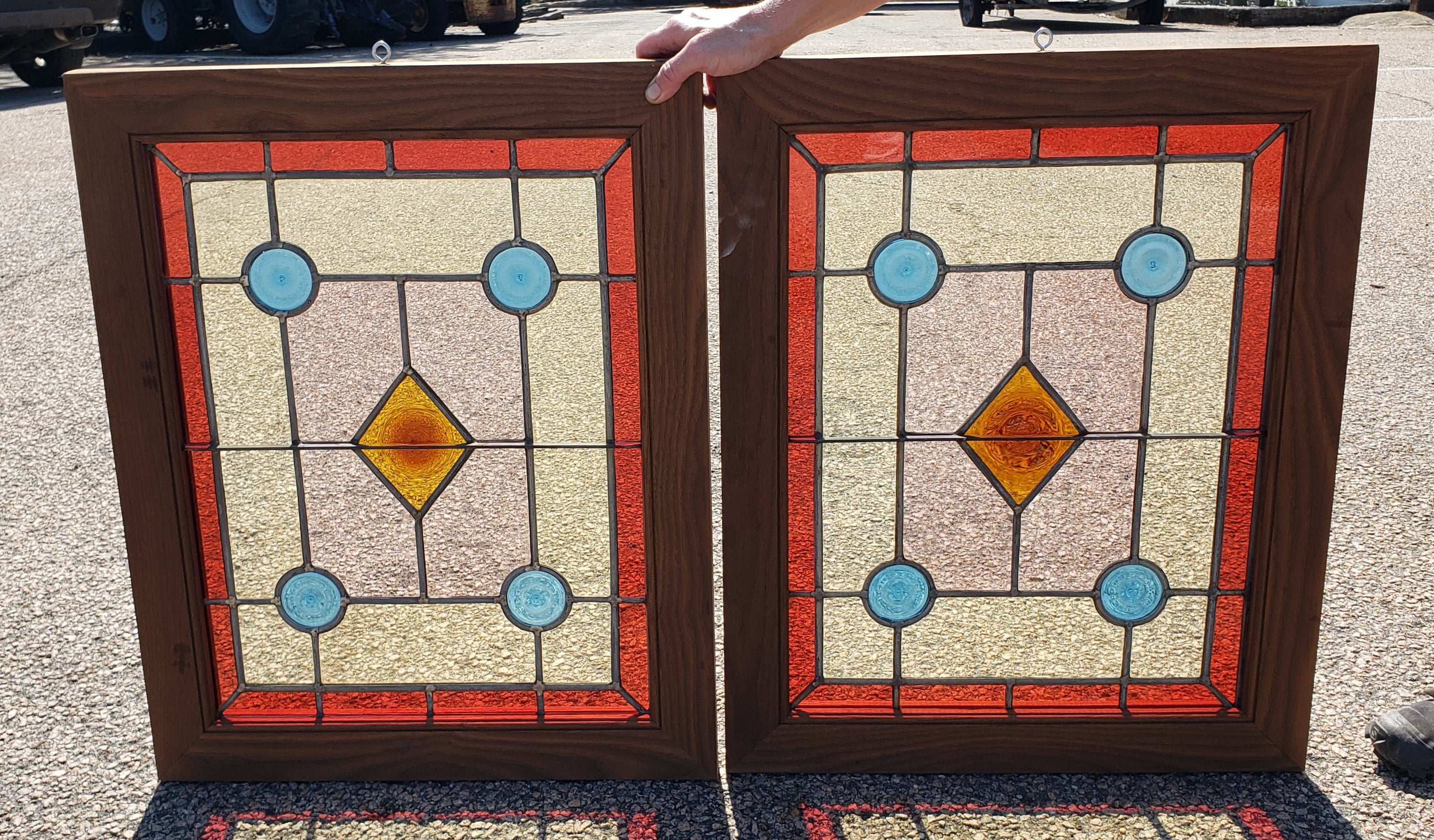 Pair of Multicolored Rondel Stained Glass Windows in Cambria Ash