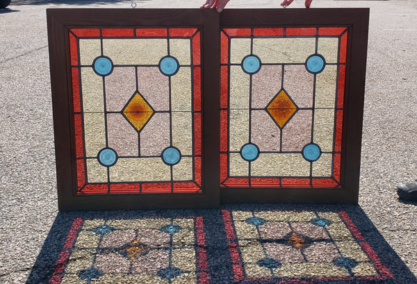 Pair of Multicolored Rondel Stained Glass Windows in Cambria Ash Frames GA9370