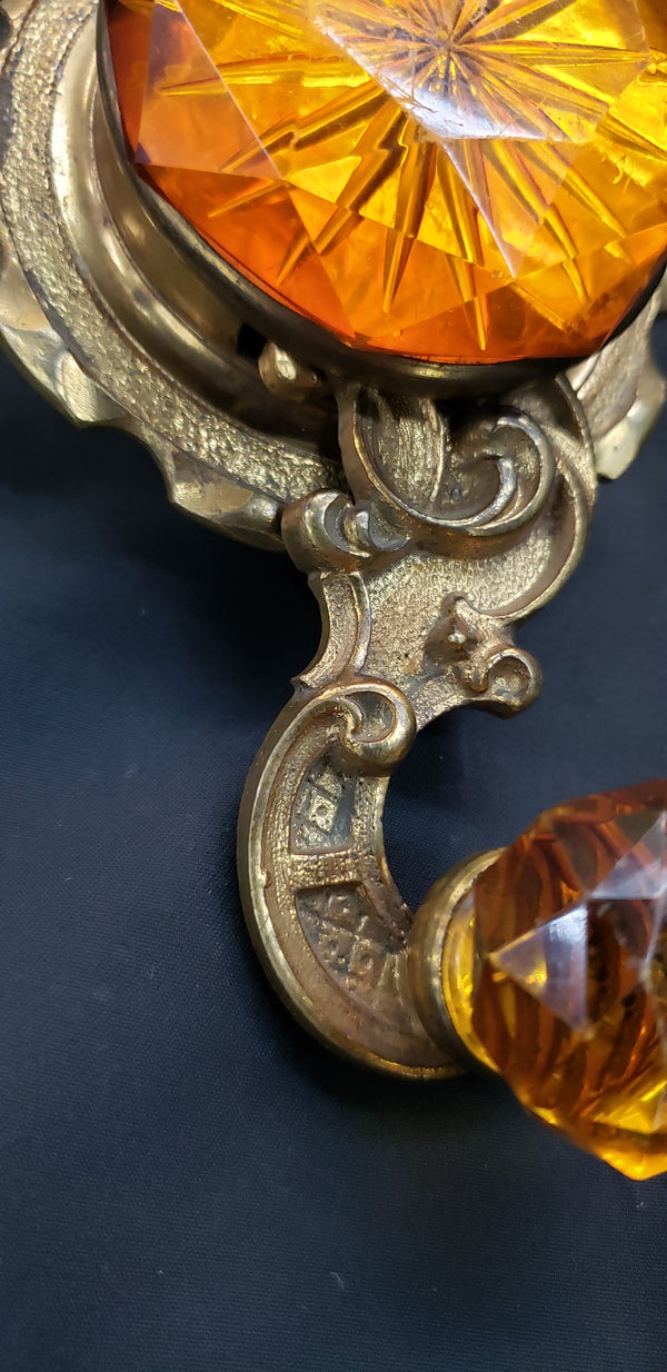 Very Rare Antique Faceted Amber Crystal & Solid Brass Servant Bell Pull GA9378