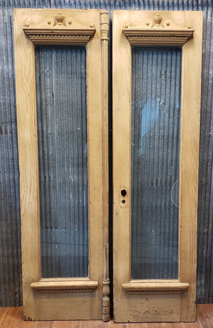 Pair of Newly Stripped Glass & Ornate Wood Exterior Doors 22 7/8