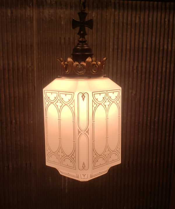 Huge Art Deco Pendant Light with Brass Crown Fitter & Top Maltese Cross GA93502