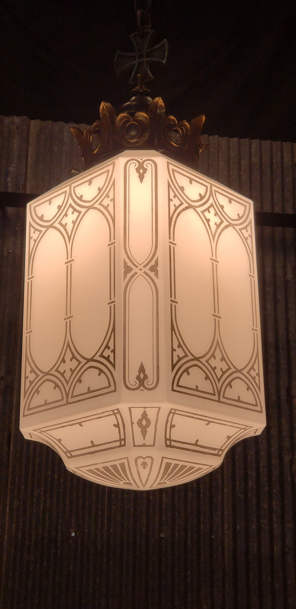 Huge Art Deco Pendant Light with Brass Crown Fitter & Top Maltese Cross GA93502
