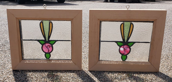 Pair of Leaded Textured Stained Glass Windows in Cedar Frames GA9420