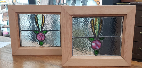 Pair of Leaded Textured Stained Glass Windows in Cedar Frames GA9420