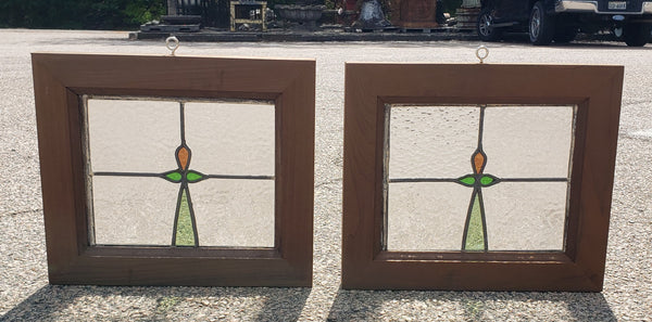 Pair of Leaded Textured Stained Glass Windows in Cambia Ash Wood Frames GA9423