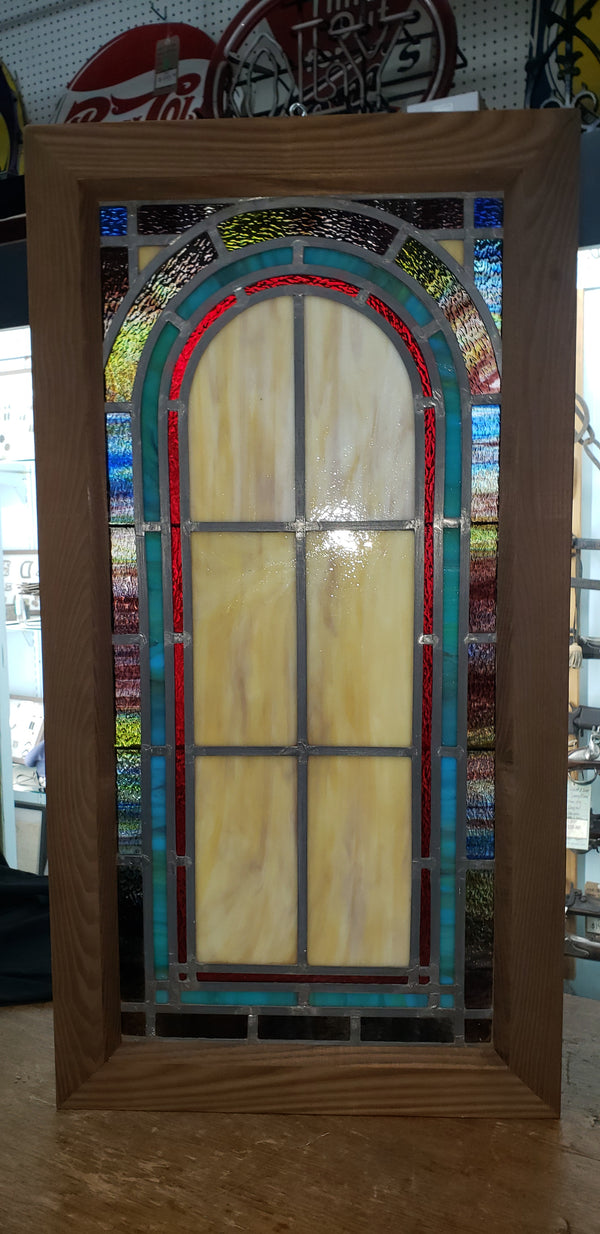 Colorful Leaded Textured Stained Glass Window in Wood Frame GA9425