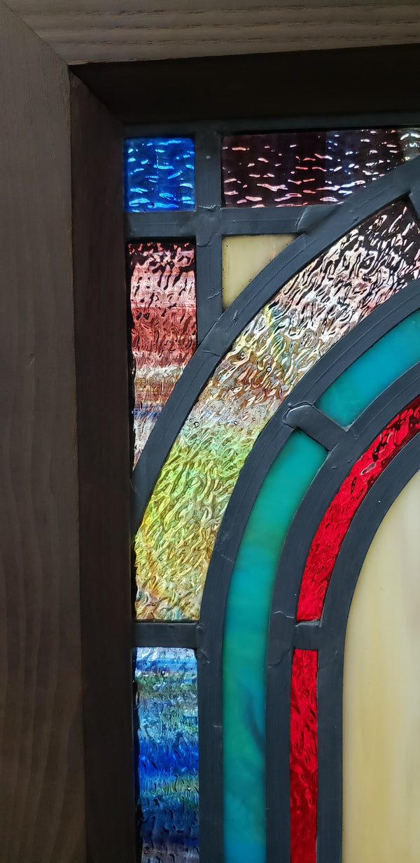 Colorful Leaded Textured Stained Glass Window in Wood Frame GA9425