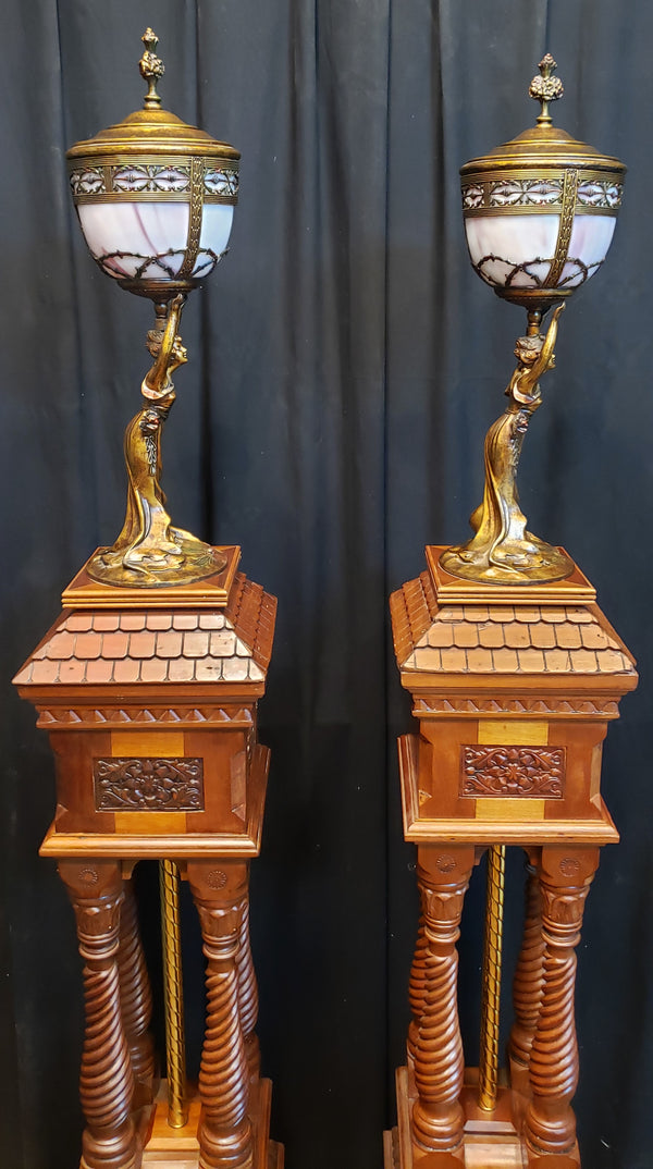 Restored Art Nouveau Newel Posts w/ Monumental Stained Glass Lighting GA9494