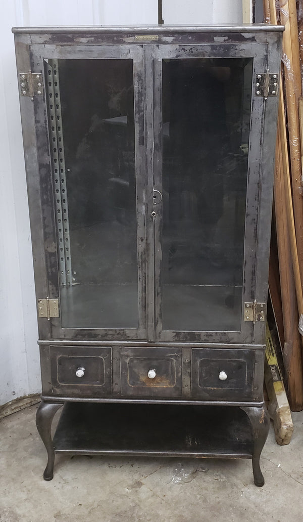 Antique Steel Medical Cabinet Beveled Glass 3 Drawers & Cabriole Legs GA9499