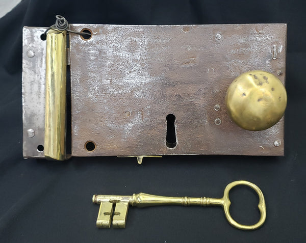 Restored 1800's Left Sided Carpenter Style Rim Lock Set 7" x 4 1/4" GA9504