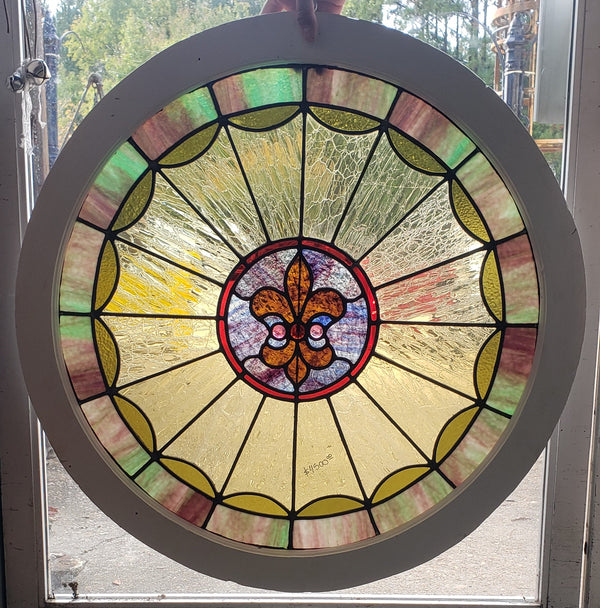 Unique 32" Round Leaded Textured Stained Glass Window in Wood Frame GA9521