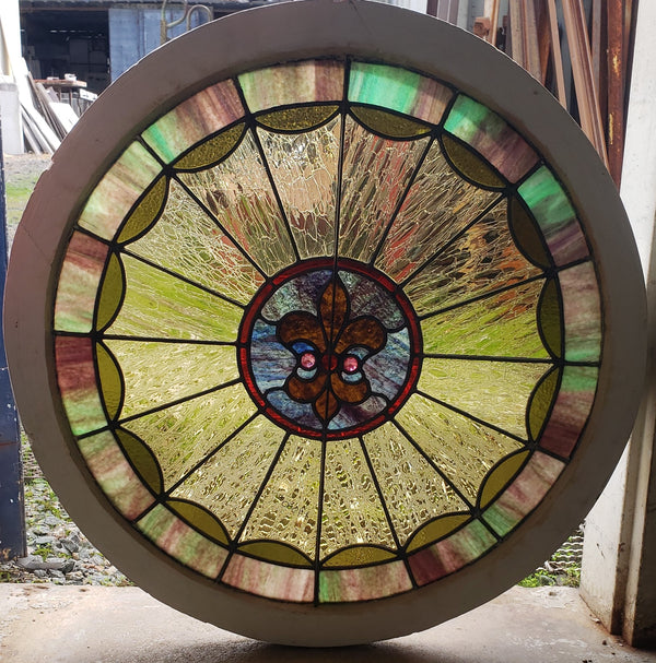 Unique 32" Round Leaded Textured Stained Glass Window in Wood Frame GA9521