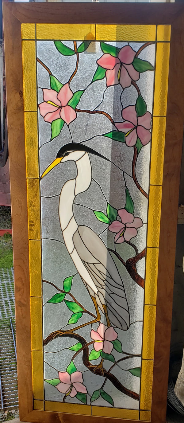 Leaded Textured Stained Glass Window of a Tropical Crane in a Tree GA9522