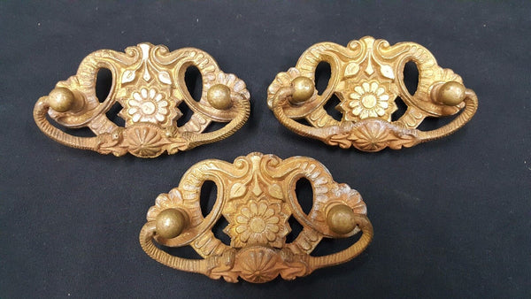 Architectural Salvage Brass Daisy & Tulip Design Drawer Pull Handles Set of 3