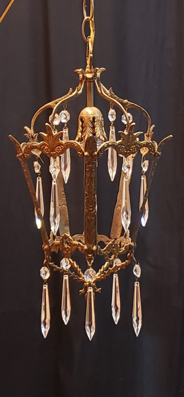 Ornate Brass Filigree One Light Pendant Chandelier with Crystal Prisms GA9550