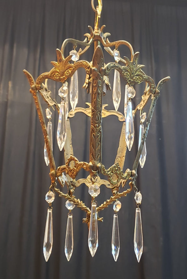 Ornate Brass Filigree One Light Pendant Chandelier with Crystal Prisms GA9550