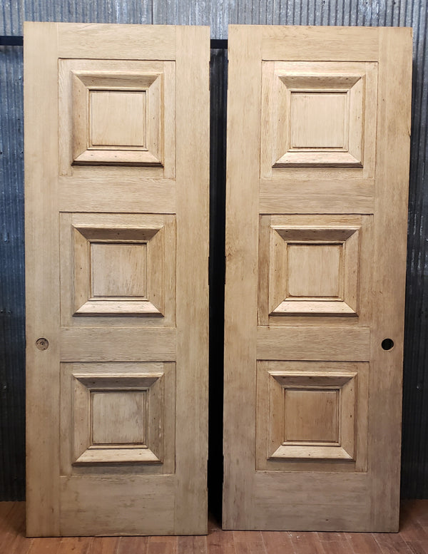Pair of Newly Stripped Solid Oak 3 Panel Exterior Doors 31 3/4" x 88 3/4" GA9588