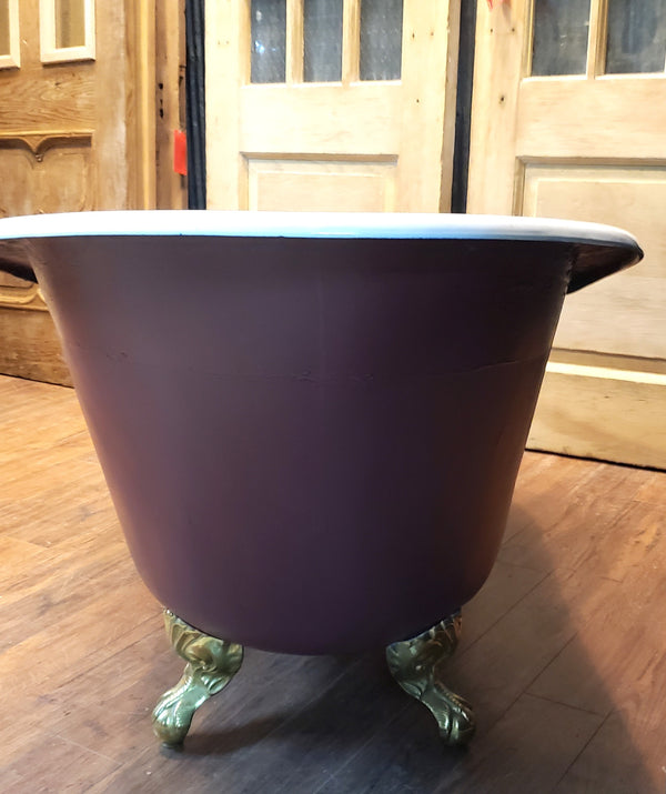 5 Foot Cast Iron White & Cranberry Slipper Tub with Solid Brass Claw Feet GA9592