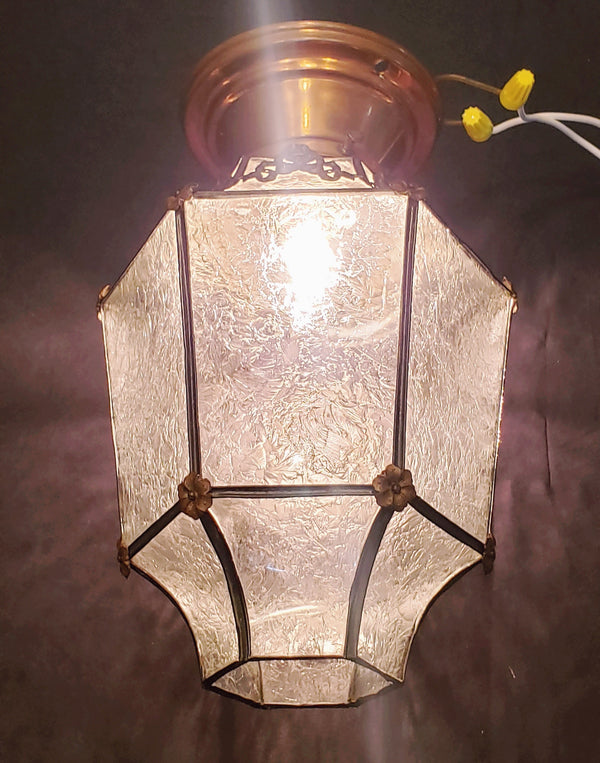 Ornate Flush Mount Hexagon Shaped Textured Glass Portico Light & Copper Fitter GA9671