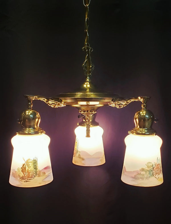 Art Nouveau 3 Light Brass Pan Chandelier with Reverse Painted Shades  GA10079