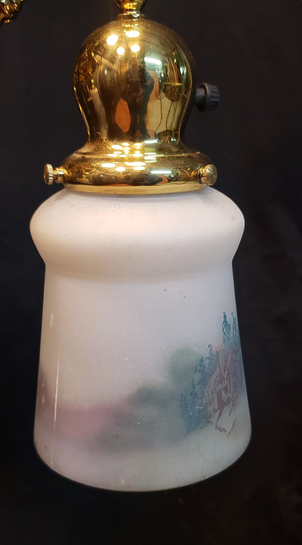 Art Nouveau 3 Light Brass Pan Chandelier with Reverse Painted Shades  GA10079