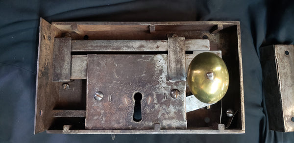 Restored 1800's Carpenter Style Rim Lock Set w/ Key & Keeper 10" x 5 3/4" GA9690