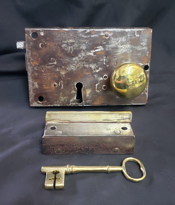 Restored 1800's Carpenter Style Left Side Rim Lock Set w/ Key & Keeper 6" x 3 3/4" GA9691