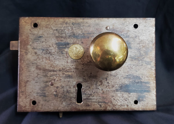 Original 1800's Carpenter Rim Lock w/ Brass Knobs & Rosette  7" x 4 7/8" GA9692