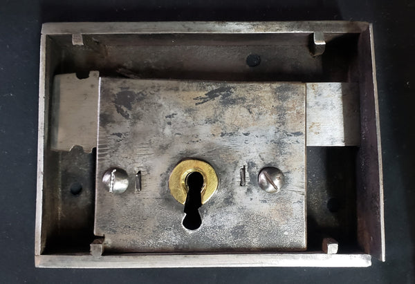 Restored Carpenter Style Dead Bolt Rim Lock Set with Key 5" x 3 1/2" GA9694