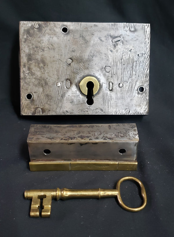 Restored Carpenter Style Dead Bolt Rim Lock Set with Key 5" x 3 1/2" GA9694