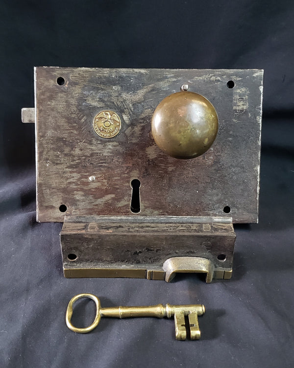 1800's Left Side Carpenter Rim Lock Set with Keeper & Key  7" x 4 3/4" GA231