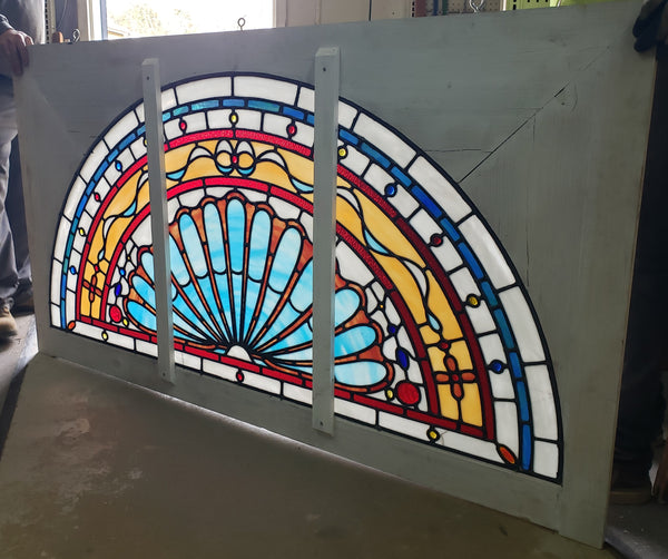 Arched Textured Stained Glass Window in Wood Frame 40" Tall by  70" Long GA9737