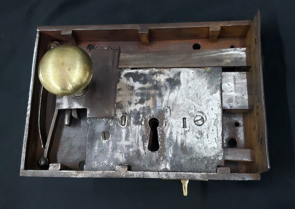 Restored 1800's Left Side Carpenter Style Rim Lock Set 9 1/8" x 6 1/8" GA9750