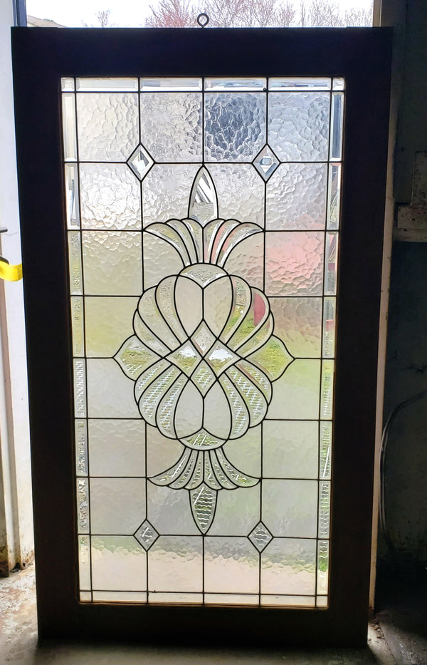 Art Nouveau Beveled Textured Leaded Glass Window in Wood Frame 30 3/4" x  50 1/4" GA9755