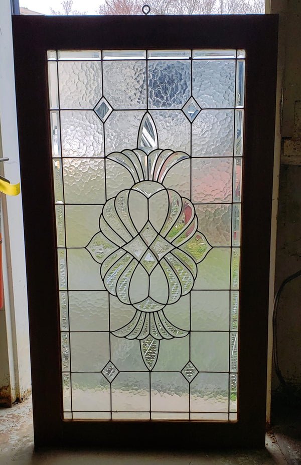 Art Nouveau Beveled Textured Leaded Glass Window in Wood Frame 30 3/4" x  50 1/4" GA9755