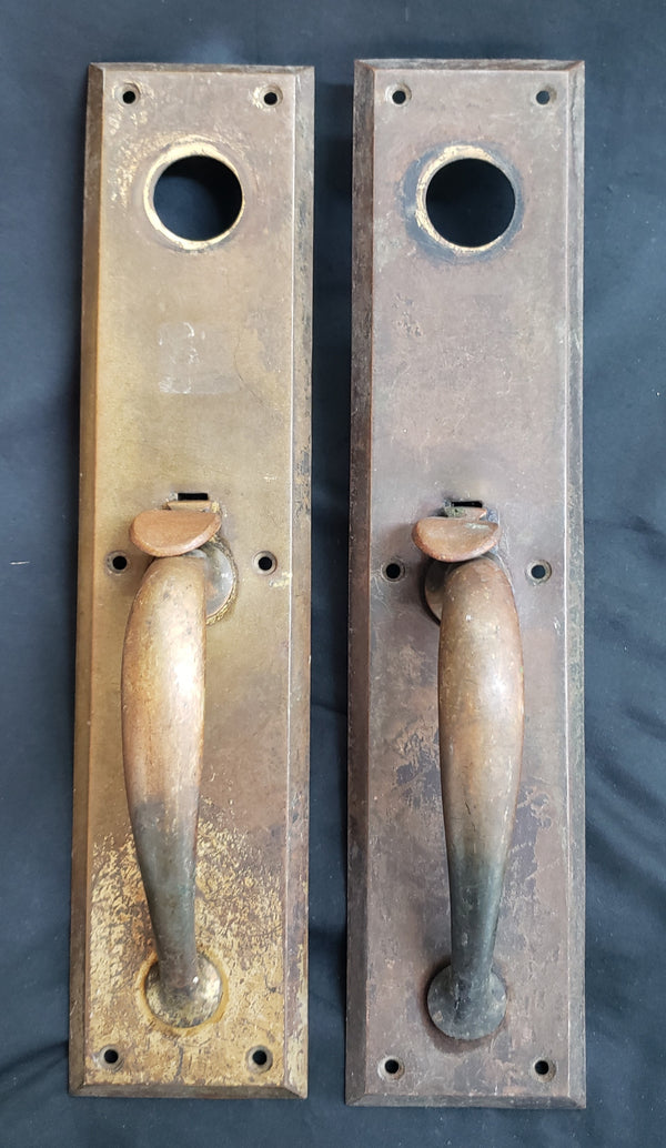 Pair of Large Brass Door Backplates with Thumb Latch & Curved Handle GA9802