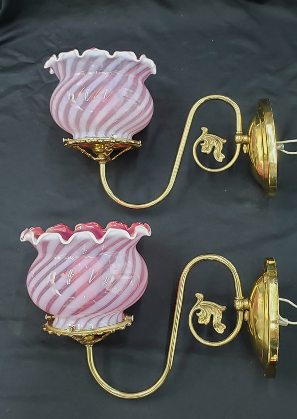 Pair of Art Nouveau Brass Sconces with Ruffled Art Glass Shades GA9821